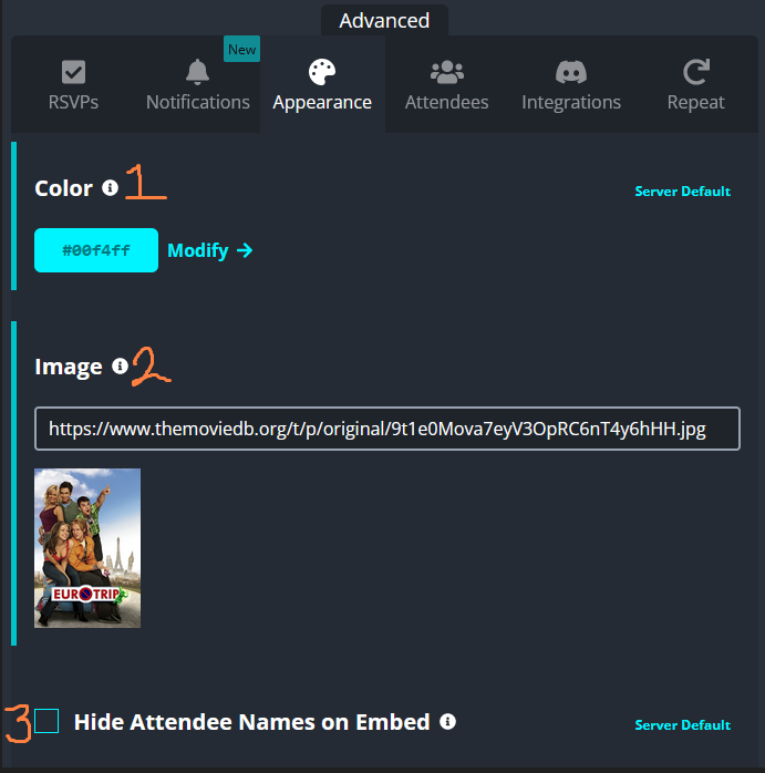 screenshot of event creation with sesh - color, image, hide event attendees