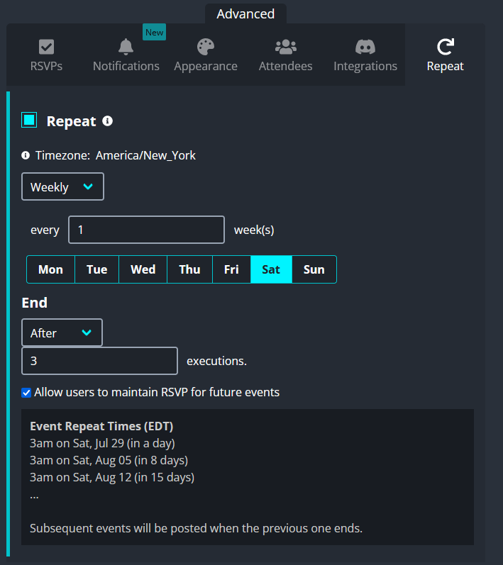 Screenshot of Sesh repeating event options