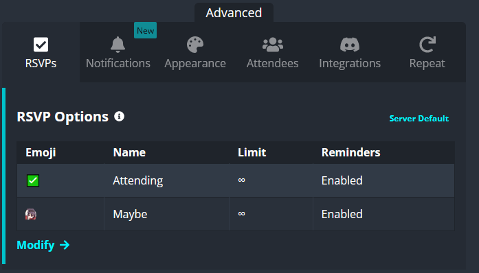 screenshot of event creation with sesh - RSVP options