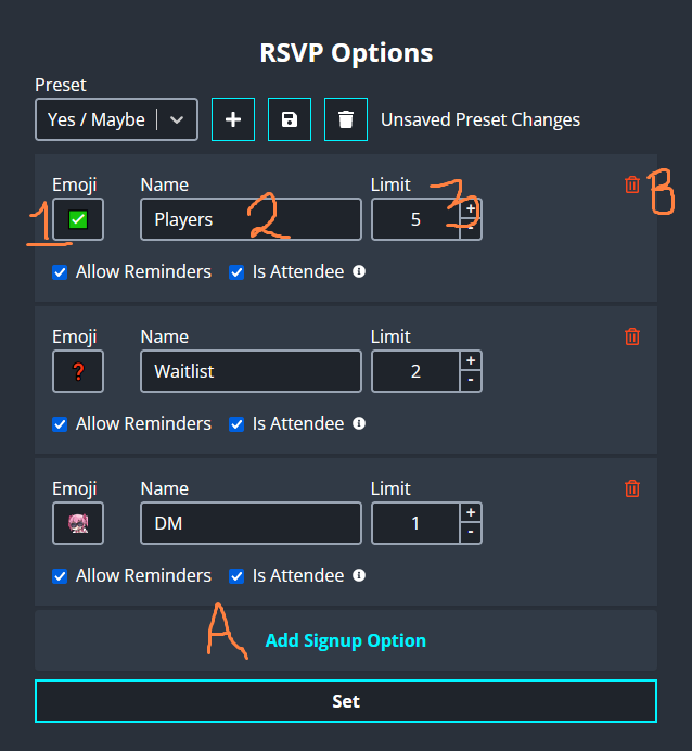 screenshot of editing Sesh's RSVP options