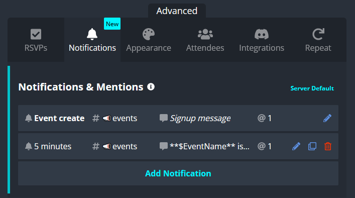 Screenshot of Sesh Notifications & Mentions options